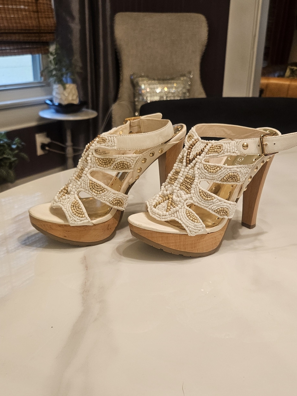 BCBGirls White Beaded Wooden Platform Sandals
